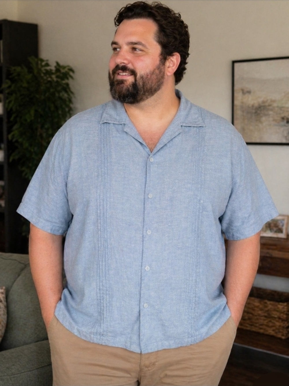 Saddlebred Mens Size XXL Light Blue Short-Sleeve Button-Down Shirt 55% Linen